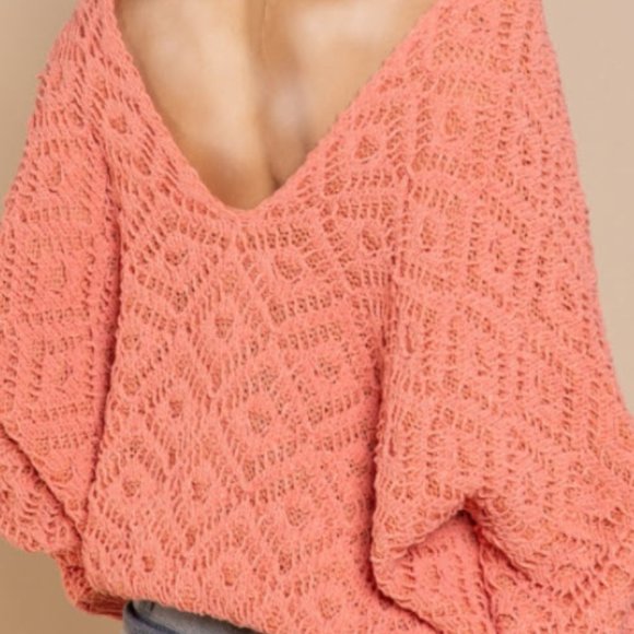 Crochet and Knitted Papaya V Neck Sweater - Picture 8 of 17